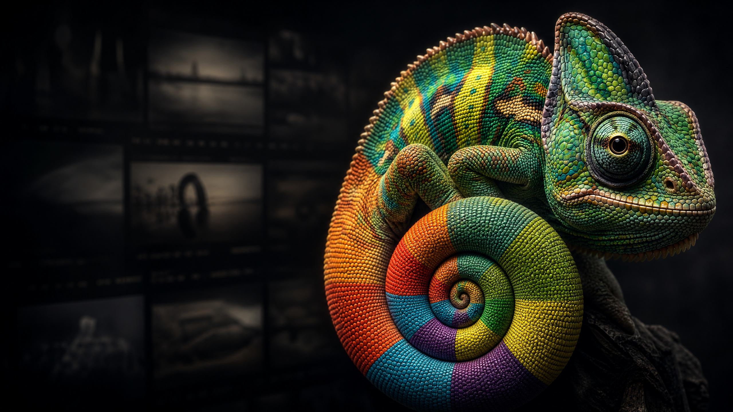Camaleão colorido em uma atmosfera escura e cinematográfica
